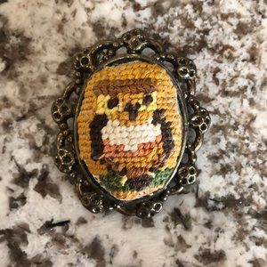 Vintage owl cross stitch pin/pendant
